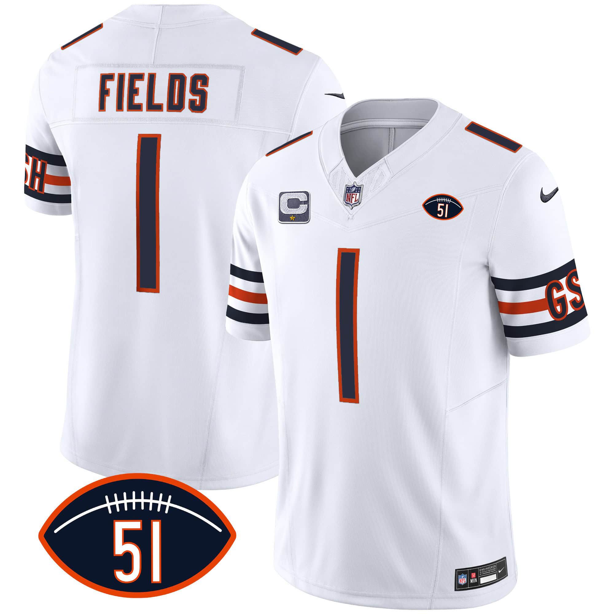 Men Chicago Bears 1 Fields White 2024 Nike Patch GSH Vapor NFL Jersey